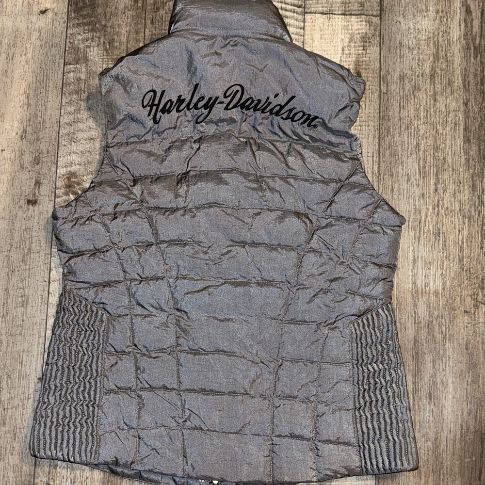 Harley-Davidson Metallic Gray Quilted Puffer Vest with Script Logo